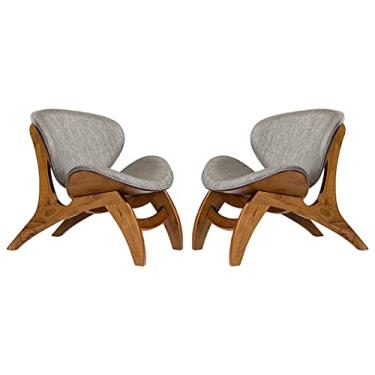 Imagem de Kit 2 Poltronas Estofada Decorativa Pérola 76 x 72 Cm Madeira Maciça Imbuia Linho Cinza L55 - RMI