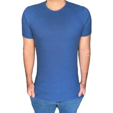 Imagem de Camiseta Malha Canelada Slim Fit Manga Curta Masculina Azul