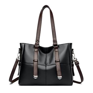 Imagem de Bolsa feminina acolchoada de couro macio com alça superior e alça transversal feminina grande bolsa de ombro, Preto