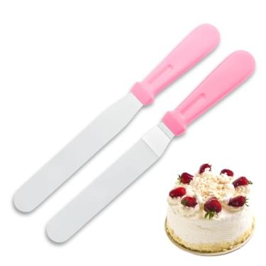Imagem de Kit 2 Espátulas de Alisar Quinar Bolo Chantily Ganache Decoração de Bolo Em Inox Espatula Angular e Reta (Rosa)