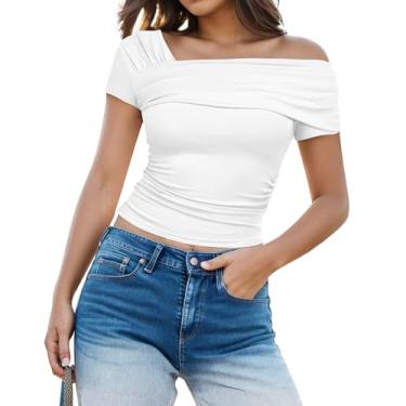 Imagem de Camiseta feminina com ombro de fora, manga curta, franzida, lateral, casual, elegante, cropped, Branco, G