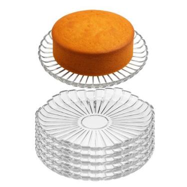 Imagem de Kit 6 Prato para Bolo Pequeno de Vidro Transparente Milan 20,5cm Em Ca