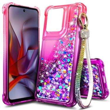 Imagem de WDHD Capa projetada para Motorola Moto G-Power-2025, com glitter brilhante, cachoeira, líquido, flutuante, mulheres, meninas, crianças, capa de telefone fofa com cordão de pulso de diamante (rosa)
