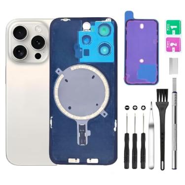 Imagem de Substituição de vidro traseiro para iPhone 15 Pro Glass + lente da câmera + ímã + suporte de peça de ferro com kit de ferramentas de reparo (branco)