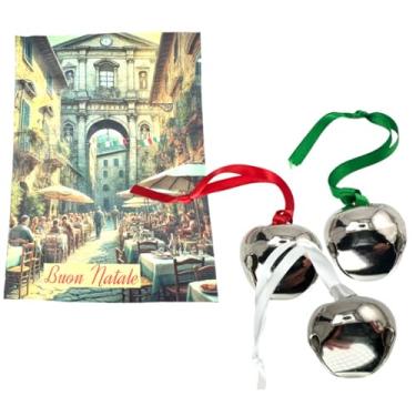 Imagem de Enfeites de sino de trenó de Natal da Itália com fitas vermelhas brancas e verdes BUON Natale Italian Blessing Decoração de Natal e bolsa de presente feita nos EUA, conjunto de 3