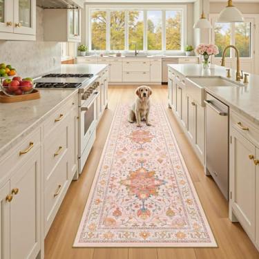 Imagem de RELEANY Tapetes de área de 6 x 20 cm lavável, antiderrapante, estampa floral, vintage, tapete medalhão para sala de estar, quarto, sala de jantar, rosa claro, colorido