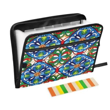 Imagem de Wassud Design de azulejo México 13 bolsos organizador de arquivos sanfonado pastas de arquivo expansíveis com abas e adesivos, tamanho carta A4 papel recibo documento pasta organizador para viagem de