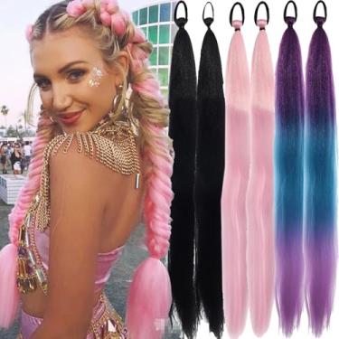 Imagem de 6 peças perucas coloridas rabo de cavalo longo reto DIY trançado rabo de cavalo peruca com faixa de borracha acessórios de cabelo feminino, 60 cm