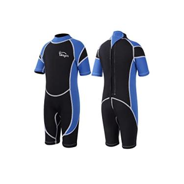 Imagem de Yikayin Roupa de mergulho infantil curta, roupa de mergulho de 2,5 mm para meninos e meninas, maiô térmico de neoprene com zíper nas costas para surfe, snorkeling, natação, caiaque - azul P