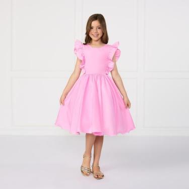 Imagem de Vestido Infantil Rosa Princesa Manga Borboleta Com Babado Rodado Festi