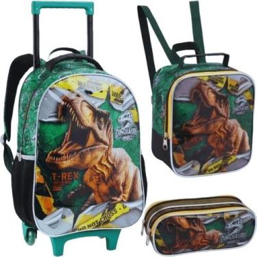 Imagem de Kit Mochila Escolar de Rodinhas Lancheira Estojo Dinossauro T Rex Dino