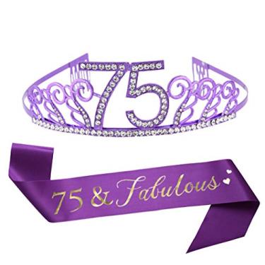 Imagem de Tiara e faixa roxa de aniversário de 75 anos, faixa de cetim roxo e coroa de aniversário de strass de cristal para feliz aniversário de 75 anos suprimentos de festa lembrancinhas decorações presentes Topo de bolo