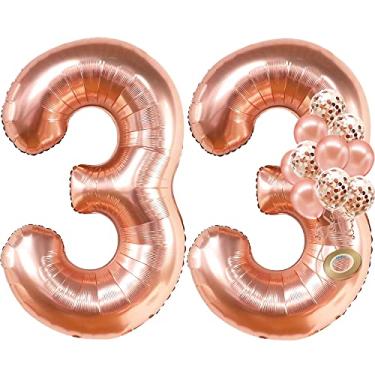 Imagem de Balão número 33 para decorações de aniversário de 33 anos – ouro rosa, grande, 101,6 cm, pacote com 12 | Balões de confetes de ouro rosa | Balão de ouro rosa com 33 números para artigos de festa de 33 anos, feminino ou masculino