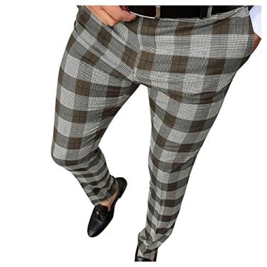 Imagem de Calça masculina casual com estampa xadrez para festas, calça com bolsos e calça central, Café, G