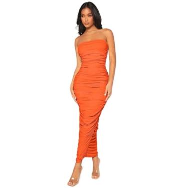 Imagem de Camisa Feminina Solid Ruched Tube Bodycon Dress (Color : Orange, Size : M)
