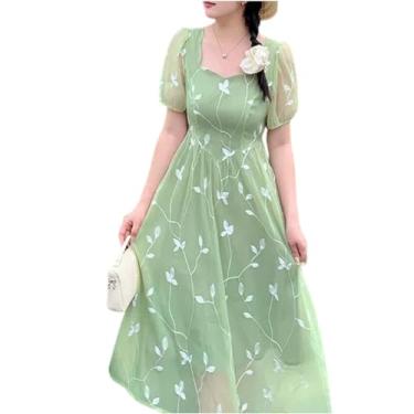 Imagem de Monikawa Vestido Longo Feminino De Chiffon Elegante De Renda Maxi Tamanho Grande Bordado Manga Bufante Tule Vestidos Fluidos Em Camadas,Green,4XL