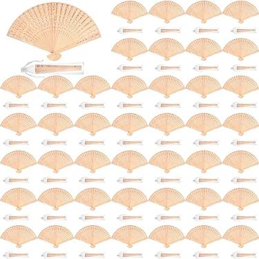 Imagem de Geelin 100 peças de leques de mão de madeira com 100 peças de organza sacos de presente de casamento leque dobrável de madeira ventilador de mão vintage aberto para lembrancinhas de casamento, decorações de festa de aniversário, decoração de casa