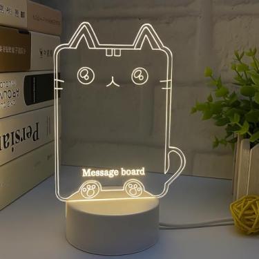 Imagem de Luminária LED 3D com Lousa Mágica de Gato – Luz Noturna Decorativa com Caneta, Base USB Branca e Flanela – Para Quarto, Recados, Estudo ou Presente Criativo