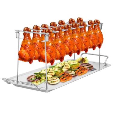 Imagem de DJAPWPX Suporte de perna e asa de frango com bandeja coletora de 12 compartimentos, suporte de coxinha de frango de aço inoxidável, suporte dobrável para torrefação, lavável na lava-louças, suporte de