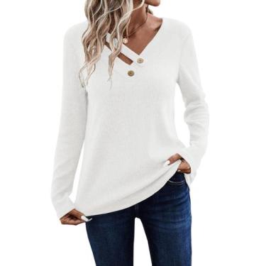 Imagem de Camiseta LOLONG branca canelada com decote em V e manga comprida femin