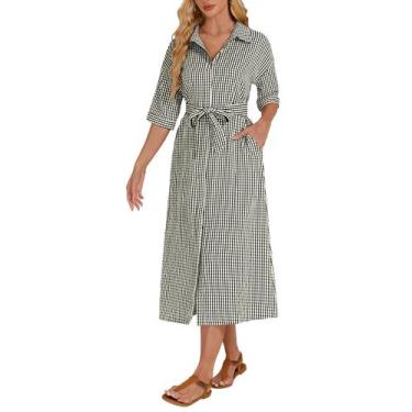 Imagem de Vestido maxi YEXPINE xadrez de meia manga com decote em V com cinto pa