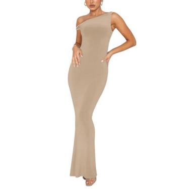 Imagem de Vestido maxi REORIA com um ombro canelado sem mangas - Khaki S