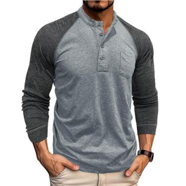 Imagem de Camiseta masculina de manga comprida de algodão Henley Asamqu Lightwei