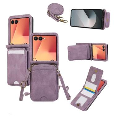 Imagem de Asuwish Capa de telefone para Samsung Galaxy Z Flip 7 5G Capa carteira com alça de pulso transversal de couro flip porta-cartão acessórios para celular ZFlip 7Z Z7 G Flip7 ZFlip7 mulheres homens roxo