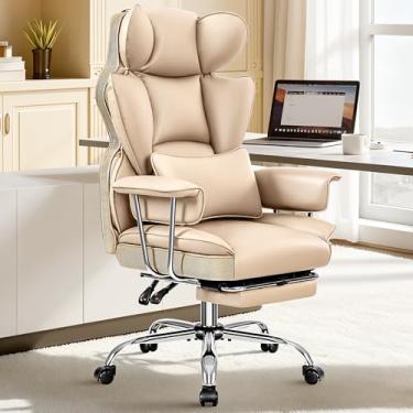 Imagem de ALLGOD Cadeira de escritório confortável, cadeira executiva de couro grande e alta, cadeira ergonômica de encosto alto com apoio para os pés, cadeira de mesa reclinável para computador, cadeira de