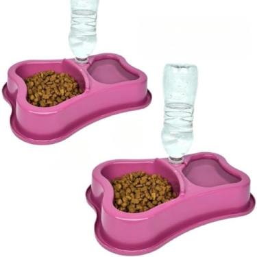 Imagem de Comedouro Duplo Anti Formiga com Bebedouro Automático para Cães e Gatos, Suporte Universal para Garrafa Pet(Kit Rosa + Rosa)