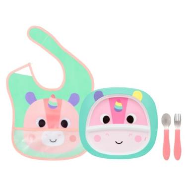 Imagem de Kit Refeição Infantil 3 Peças Prato com Divisória, Kit Talher Inox e Babador com Pega Migalhas Buba Bubazoo (Unicórnio)