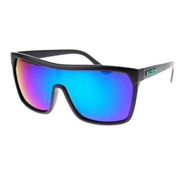 Imagem de Óculos de sol Kush Marijuana Pot Flat Top Shield Mob com lentes espelhadas espelhadas, Logotipo verde/espelhado azul-petróleo, One Size