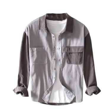 Imagem de Camisas masculinas outono inverno algodão casual manga comprida veludo cotelê patchwork design camisa com bolsos top, Cinza, P