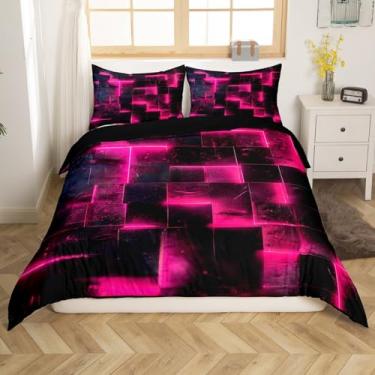Imagem de Jogo de cama rosa choque preto 3D búfalo brilhante Queen Size arte abstrata moderna conjuntos de cama queen geométrico xadrez, capa de cama com cubos futuristas gradiente (preto reversível)