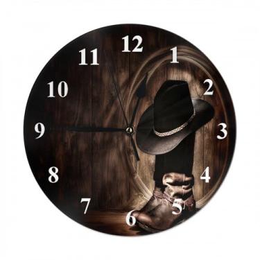 Imagem de LoLo UoUo Relógio de parede de cowboy West Rodeo chapéu de feltro preto descansando ATOP desgastado couro marrom trabalhando rancheiro botas menino casa de fazenda exclusivo relógio grande parede