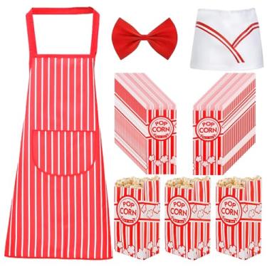 Imagem de MENJITO 200 Pieces Paper Popcorn Bags and Popcorn Red White Striped Apron with Chef Hat and Bow Tie | 200 pcs Food Grade Popcorn Bags for Movie Night & Birthday Party
