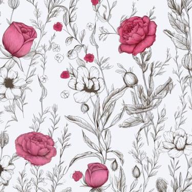 Imagem de XRUIBZI Papel de parede floral rosa rosa linha branca papel de parede de vinil papel de parede de contato para armários à prova d'água papel de parede autoadesivo para cozinha bancada parede 44,5 cm x