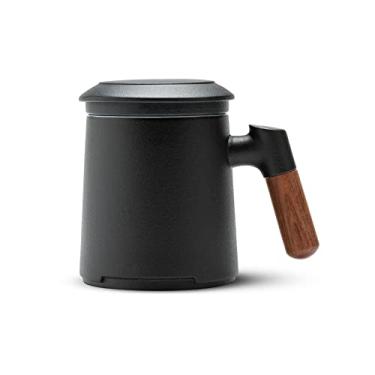 Imagem de ZENS Xícara de chá com infusor e tampa para folhas soltas, caneca de chá de cerâmica preta de 340 g com alça de madeira para presentes de amantes de chá