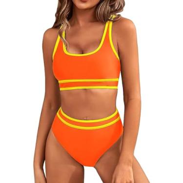 Imagem de Aniywn Conjunto de biquíni feminino de cintura alta, duas peças, cores contrastantes, corte alto, short, A1 - laranja, M