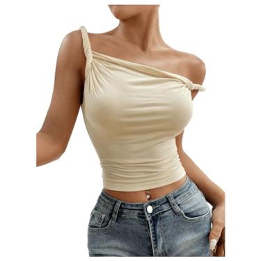 Imagem de RoseSeek Camiseta regata feminina com ombros de fora, gola quadrada, alças finas, sem mangas, franzida, cropped, Damasco, G