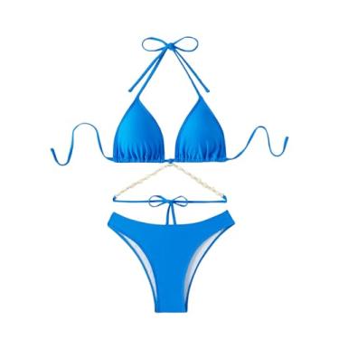 Imagem de BEAUDRM Biquíni feminino de 2 peças para decoração de concha frente única, conjunto triangular, biquíni de corte alto, Azul A, PP