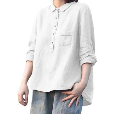 Imagem de Camiseta feminina com gola de lapela casual cor sólida algodão e linho manga longa camisetas casuais grandes, Branco, 5G