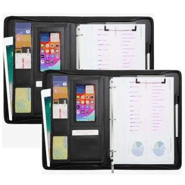 Imagem de Pasta Business Portfolio com 3 anéis, carteira de couro PU com zíper, suporte para cartão de visita, capa para tablet A4, prancheta, organizador de documentos de reunião para homens e mulheres, 2