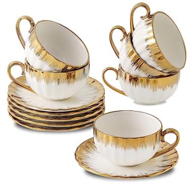 Imagem de Xícaras de cappuccino com pires LETAOTAO, conjunto de xícaras de café expresso duplas de porcelana de 180 ml, xícaras de café turco de cerâmica com acabamento dourado, conjunto de 6 xícaras de chá