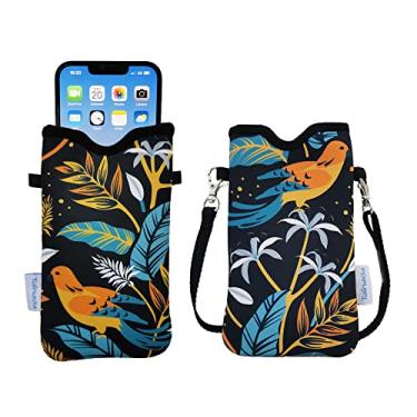 Imagem de Tainada Bolsa de neoprene para telefone masculina e feminina com alça transversal/cordão de pescoço para iPhone 14/13/12/11 Pro Max, Samsung S22+, S21 FE, A53, Google Pixel 6 (pássaros florais azul marinho)