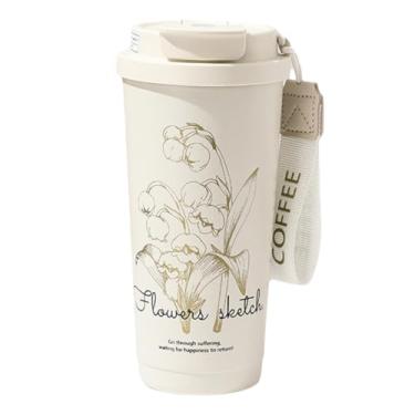 Imagem de Xícara de café isolada de aço inoxidável 316 de grande capacidade de 500 ml com tampa de canudo – selada a vácuo, à prova de vazamento, portátil com alça, elegante padrão floral 3D (branco)