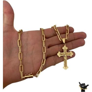 Imagem de Corrente Cadeado Alongado 7mm +Pingente Cruz -Banhado a Ouro - ToJoia1