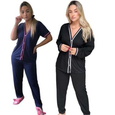 Imagem de Kit 2 Pijamas Femininos Aberto De Botões Inverno Manga Longa - PIJAMAS