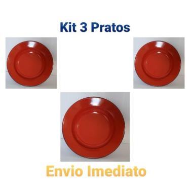 Imagem de 3 Pratos  Esmaltado Ágata  Original  N.22 Metallouça  Vermelho