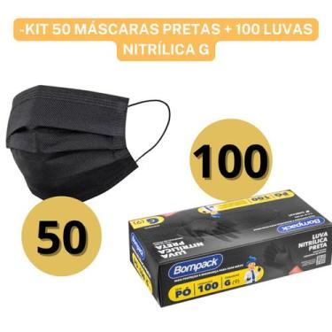 Imagem de Kit 50 Máscaras Tripla Proteção Antibactéria + 100 Luvas Pretas Nitríl
